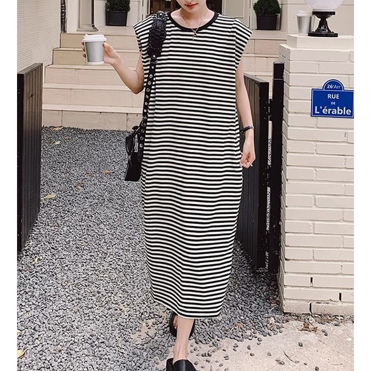 バックスリットボーダー柄クルーネック袖なしワンピース | Ulysses | 詳細画像1 