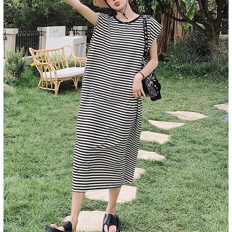 バックスリットボーダー柄クルーネック袖なしワンピース | Ulysses | 詳細画像2 