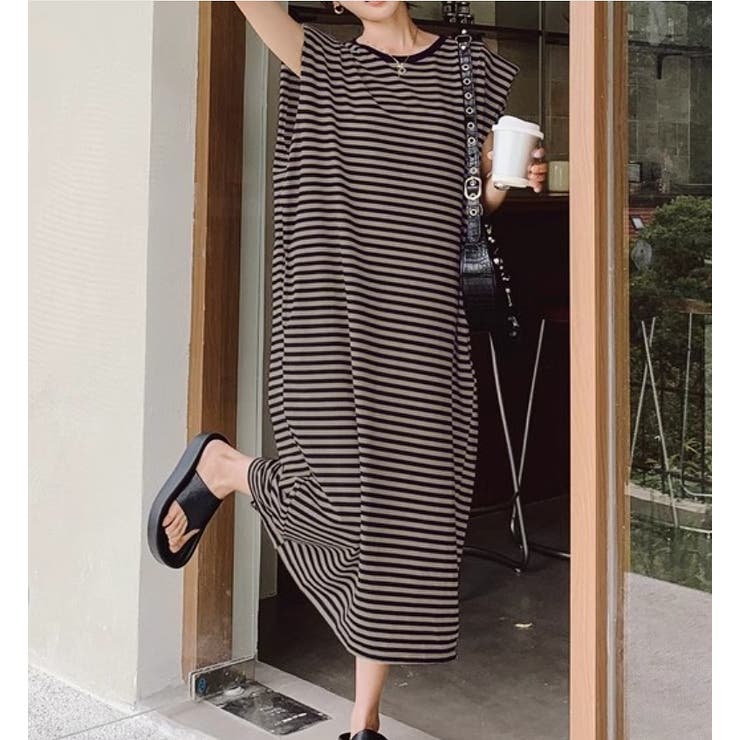 ブラウン | バックスリットボーダー柄クルーネック袖なしワンピース | Ulysses