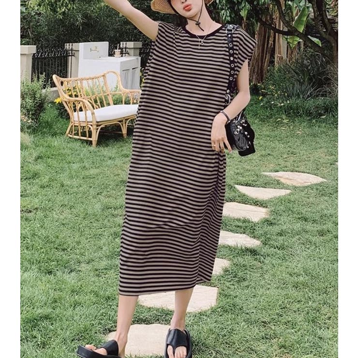 バックスリットボーダー柄クルーネック袖なしワンピース | Ulysses | 詳細画像6 