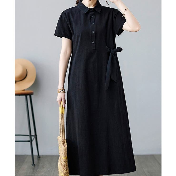 ブラック | リボンボタンダウン半袖ワンピース | Ulysses