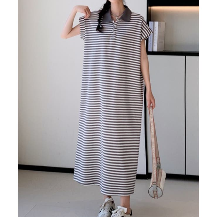 グレー | ボーダー柄ボタンダウン袖なしワンピース | Ulysses