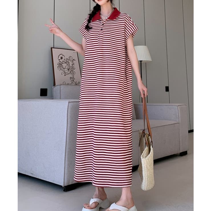 レッド | ボーダー柄ボタンダウン袖なしワンピース | Ulysses