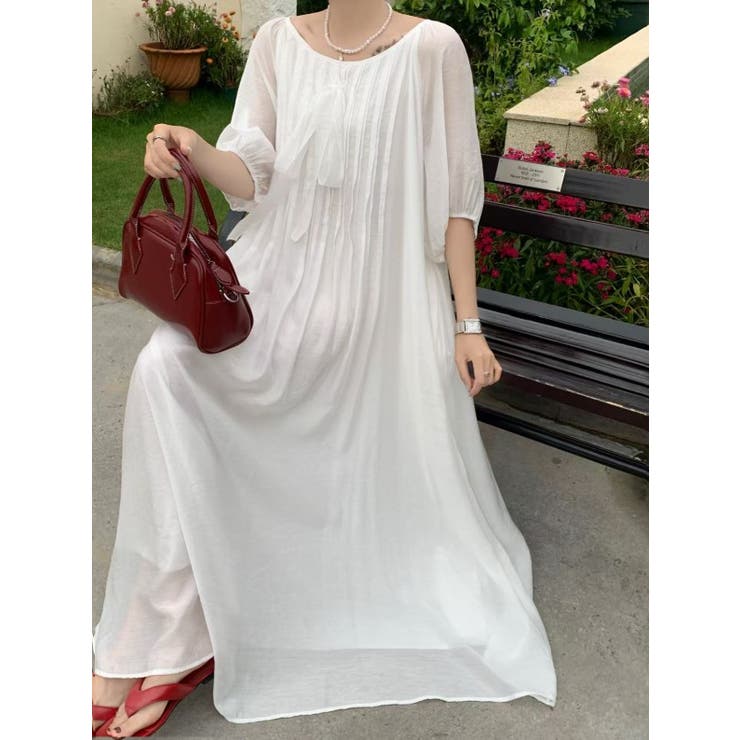 ホワイト | リボンクルーネックリラックスロングワンピース | Ulysses