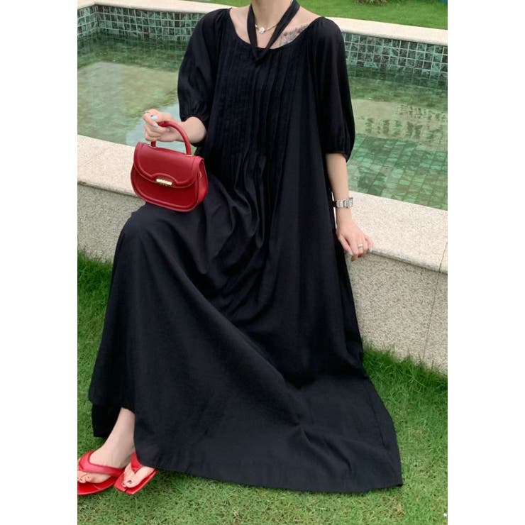 ブラック | リボンクルーネックリラックスロングワンピース | Ulysses