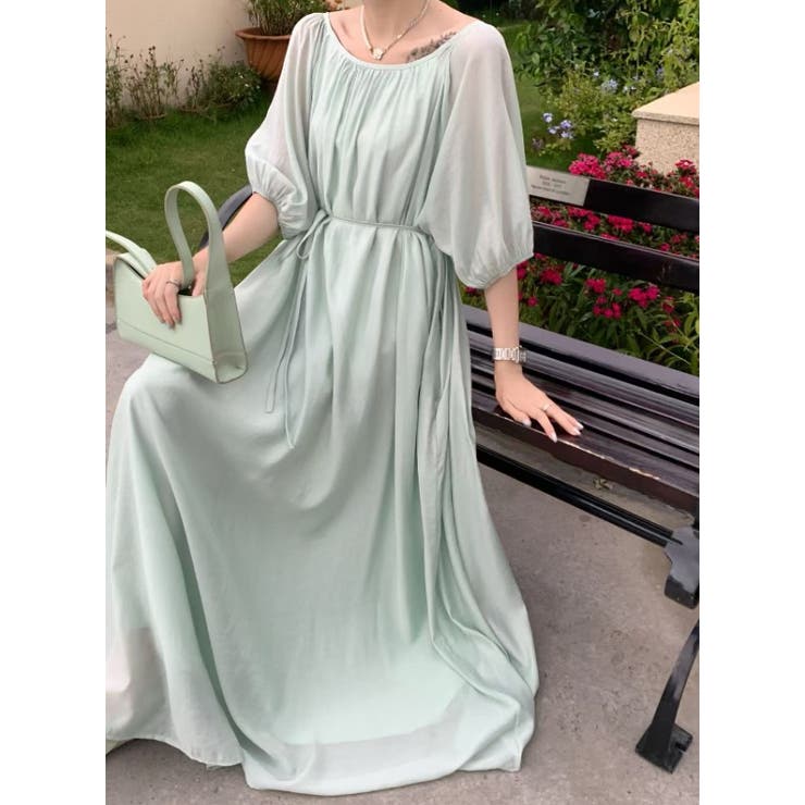 ライトグリーン | リボンクルーネックリラックスロングワンピース | Ulysses