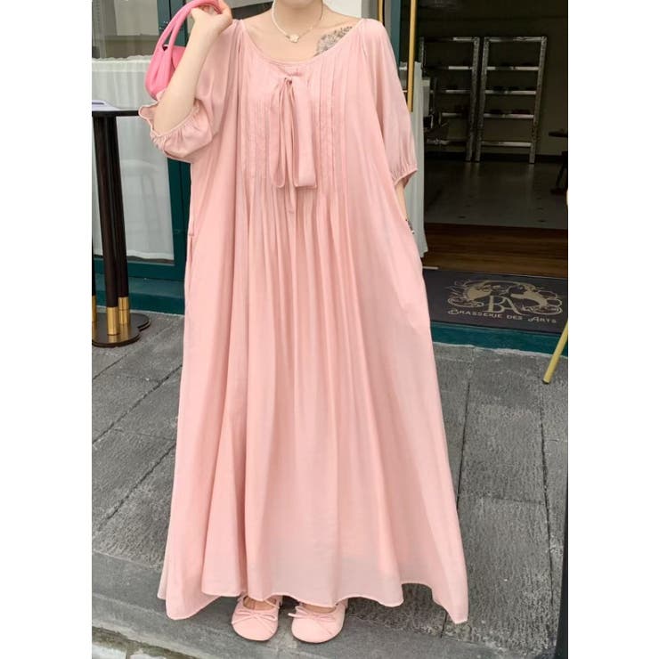 ピンク | リボンクルーネックリラックスロングワンピース | Ulysses