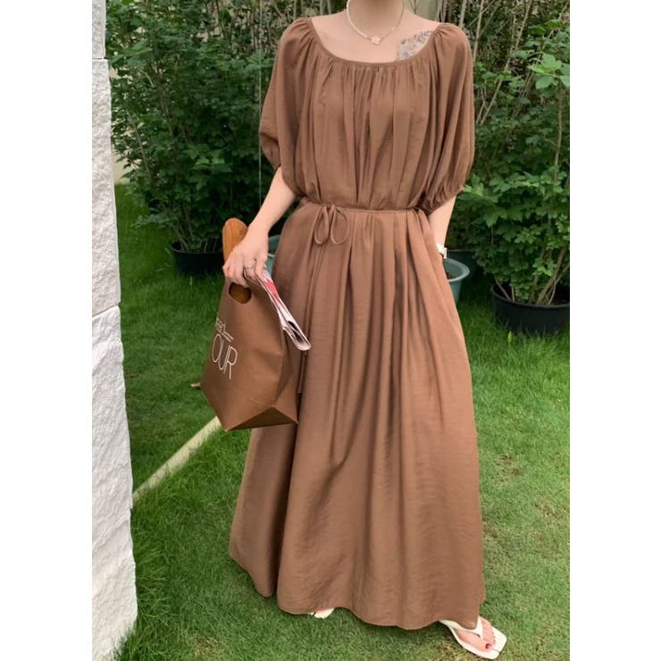 ブラウン | リボンクルーネックリラックスロングワンピース | Ulysses