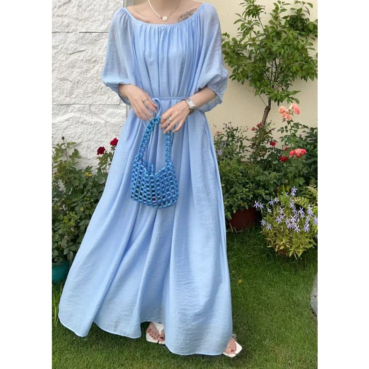 ブルー | リボンクルーネックリラックスロングワンピース | Ulysses