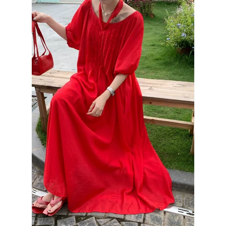 レッド | リボンクルーネックリラックスロングワンピース | Ulysses