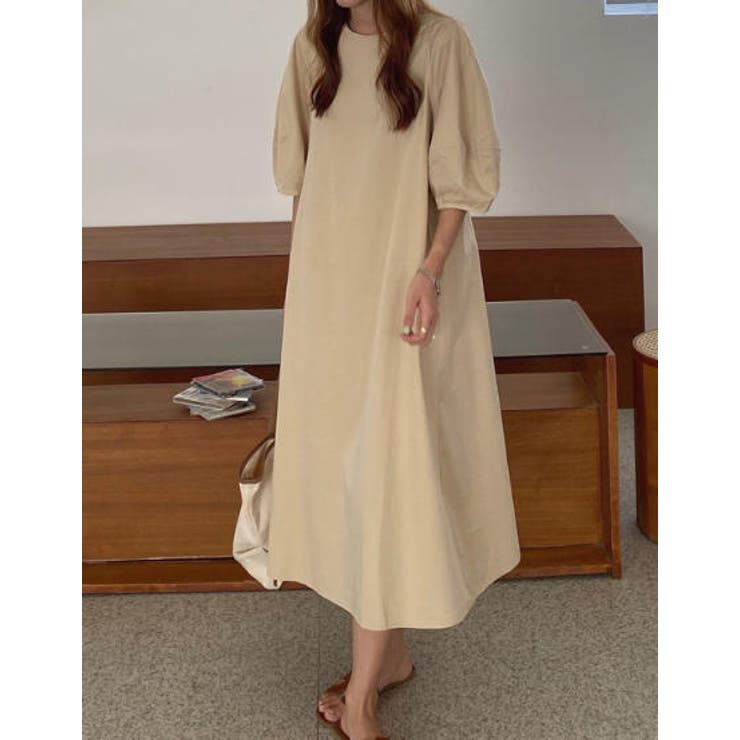 ベージュ | パフスリーブクルーネックワンピース | Ulysses