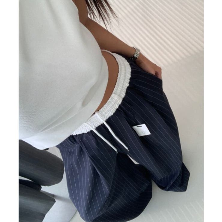 ドローストリングパッチワークストライプ柄ワイドパンツ | Ulysses | 詳細画像1 