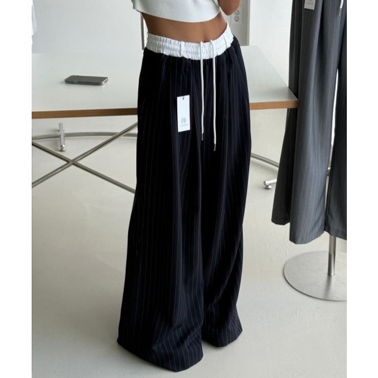 ネイビー | ドローストリングパッチワークストライプ柄ワイドパンツ | Ulysses