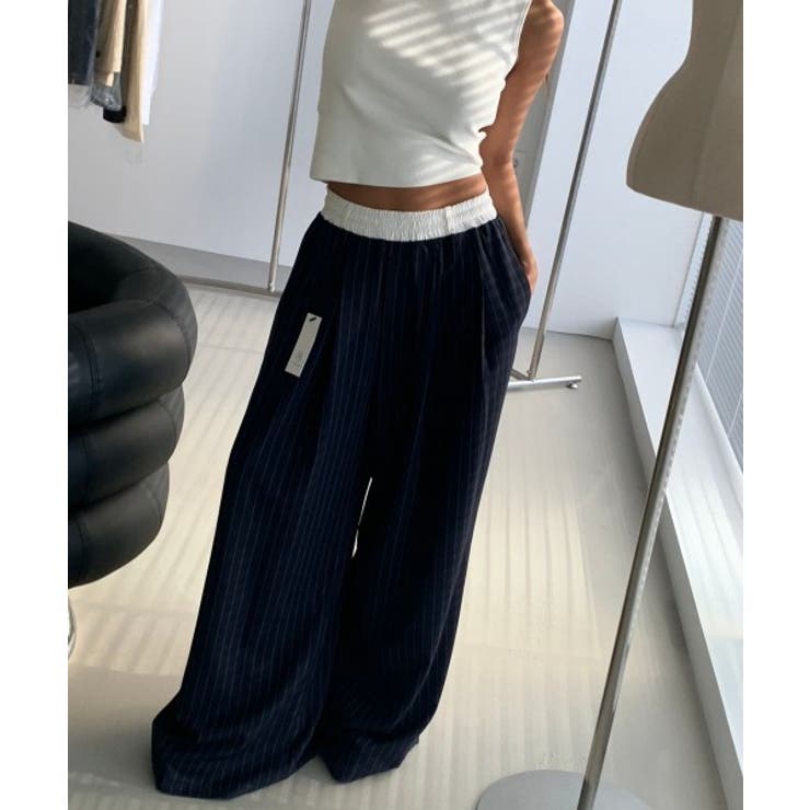 ドローストリングパッチワークストライプ柄ワイドパンツ | Ulysses | 詳細画像2 