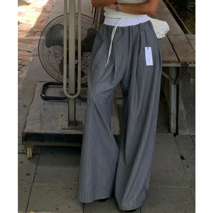 グレー | ドローストリングパッチワークストライプ柄ワイドパンツ | Ulysses