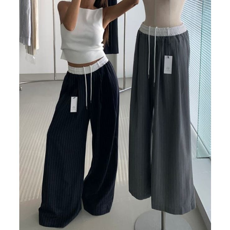 ドローストリングパッチワークストライプ柄ワイドパンツ | Ulysses | 詳細画像8 