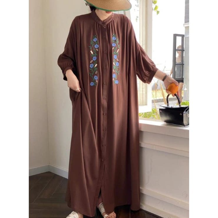 ブラウン | 刺繍長袖ワンピース | Ulysses