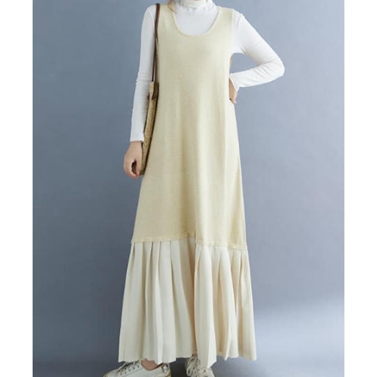 ベージュ | ニット切り替え袖なしワンピース | Ulysses