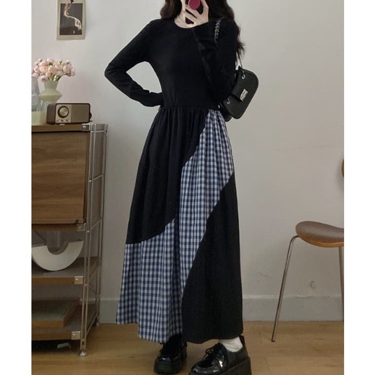 ブラック | 切り替えクルーネック長袖ワンピース | Ulysses