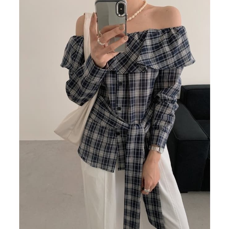 ネイビー | ボートネックチェック柄トップス | Ulysses