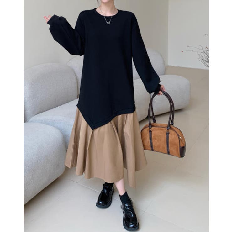 ブラック | 切り替えクルーネック長袖ワンピース | Ulysses