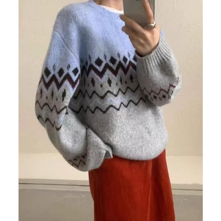 ブルー | クルーネックジャカード長袖セーター | Ulysses