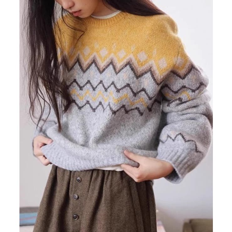 イエロー | クルーネックジャカード長袖セーター | Ulysses