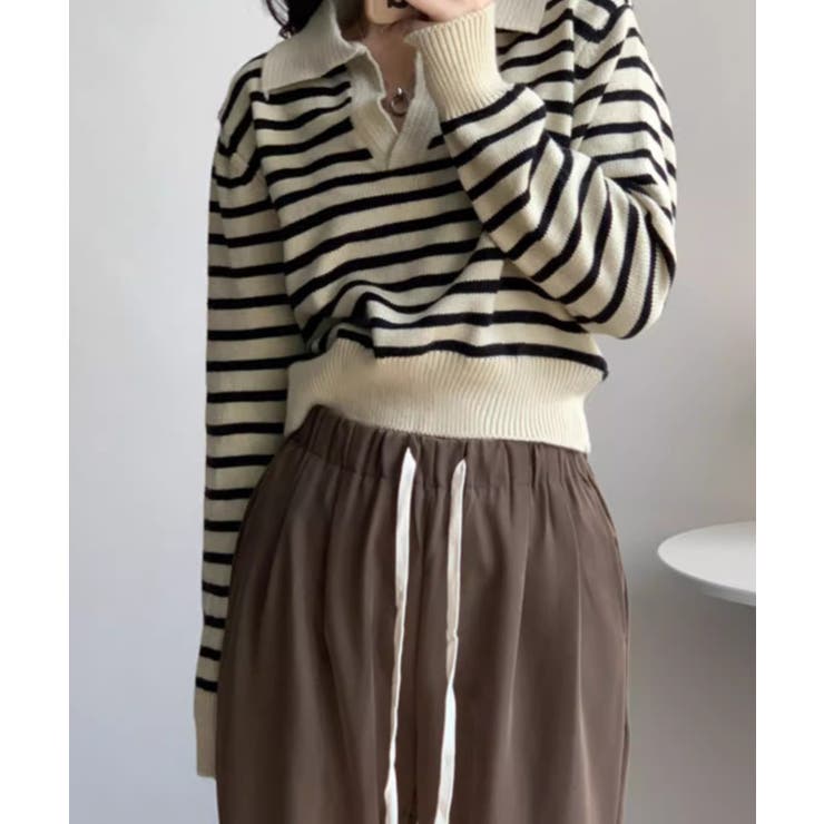 Vネックボーダー柄ニットトップス | Ulysses | 詳細画像1 