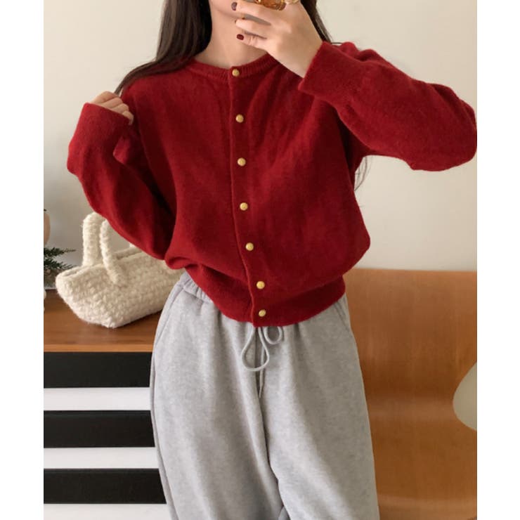 レッド | クルーネックボタンでカーディガン | Ulysses