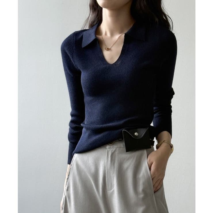 ネイビー | Vネック長袖ニットトップス | Ulysses