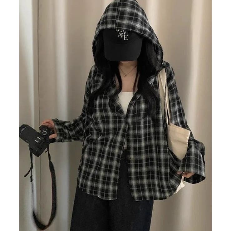 ブラック | フード付きボタンでチェック柄シャツ | Ulysses