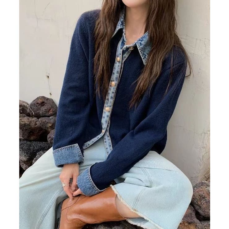 ネイビー | ボタンダウン切り替えボタンでニットトップス | Ulysses