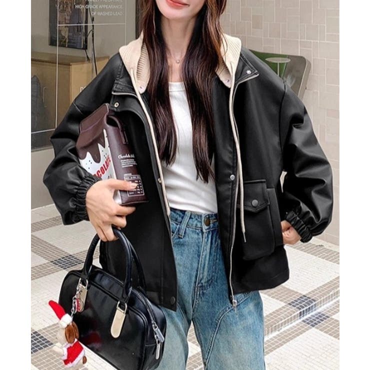 ブラック | フード取り外せ合成皮革ジャケット | Ulysses