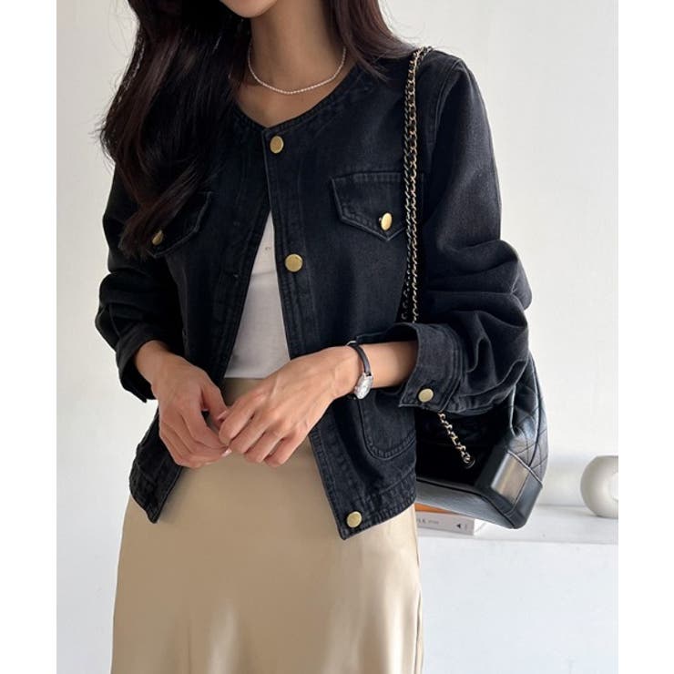 ブラック | クルーネックボタンでデニムジャケット | Ulysses