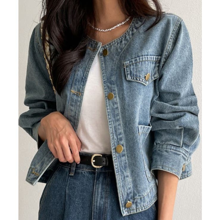 ブルー | クルーネックボタンでデニムジャケット | Ulysses