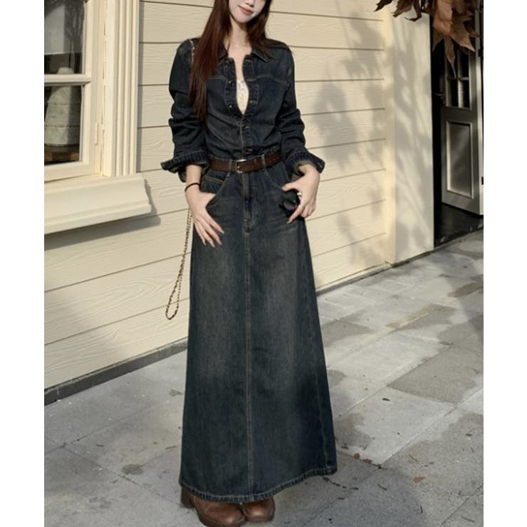 ダークブルー | 襟付きボタンでベルト付きデニムワンピース | Ulysses