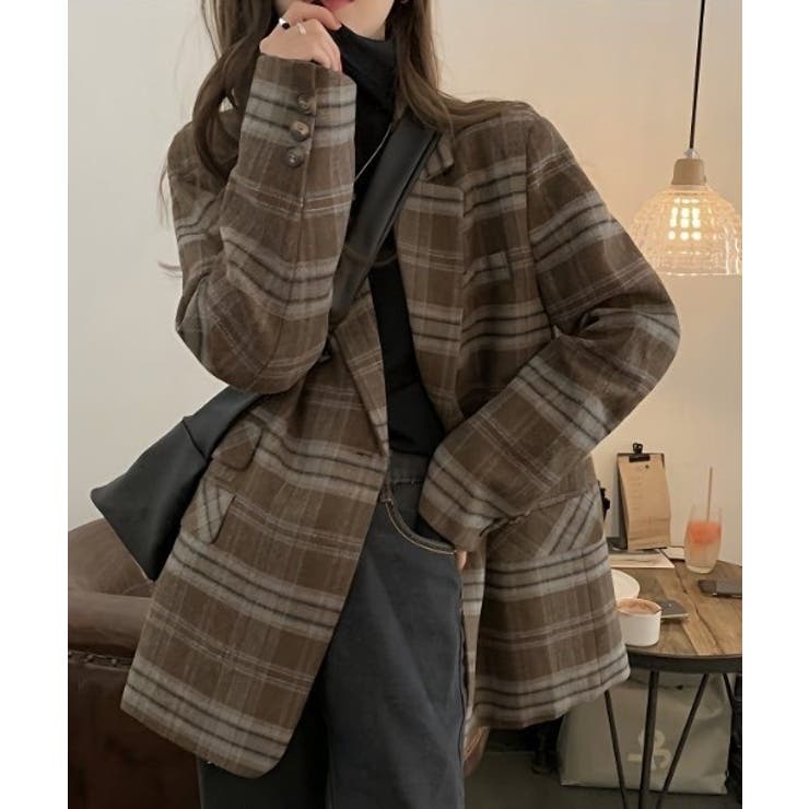 ブラウン | ポケットボタンでチェック柄スーツジャケット | Ulysses