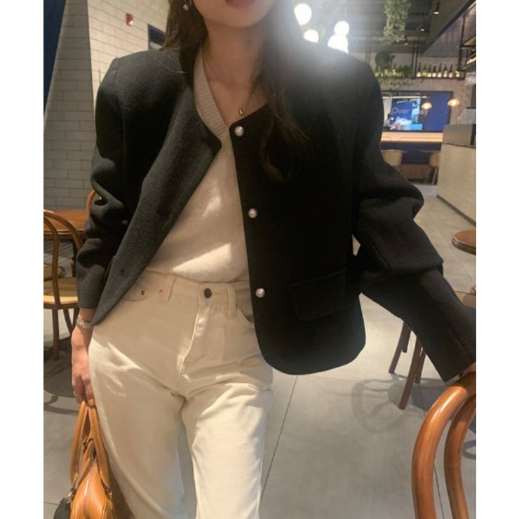 ブラック | シングルブレストクルーネック長袖ジャケット | Ulysses