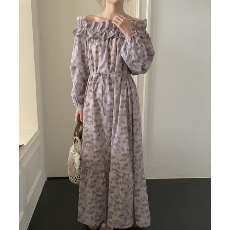 パープル | ボートネックフリル長袖ワンピース | Ulysses