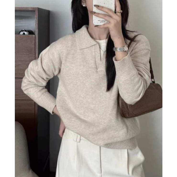 ベージュ | Vネックニット長袖トップス | Ulysses