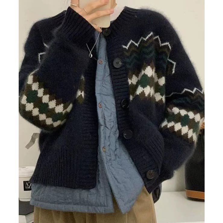 ネイビー | ノーカラーボタンでニットジャケット | Ulysses