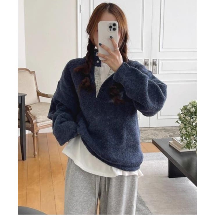 ネイビー | ハーフネックボタンでドローストリングニットトップス | Ulysses