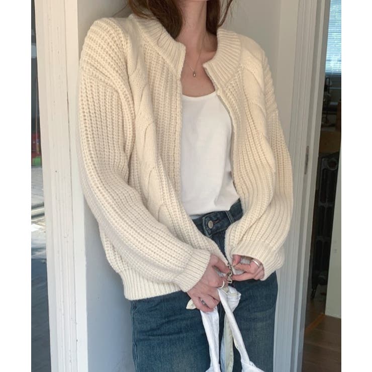 ベージュ | ダブルジップスタンドカラーニットトップス | Ulysses