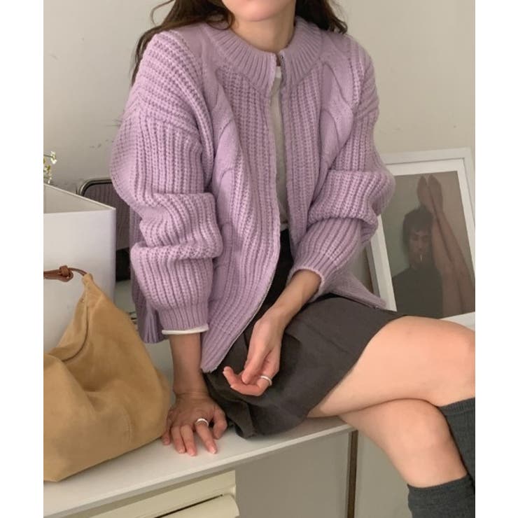 パープル | ダブルジップスタンドカラーニットトップス | Ulysses