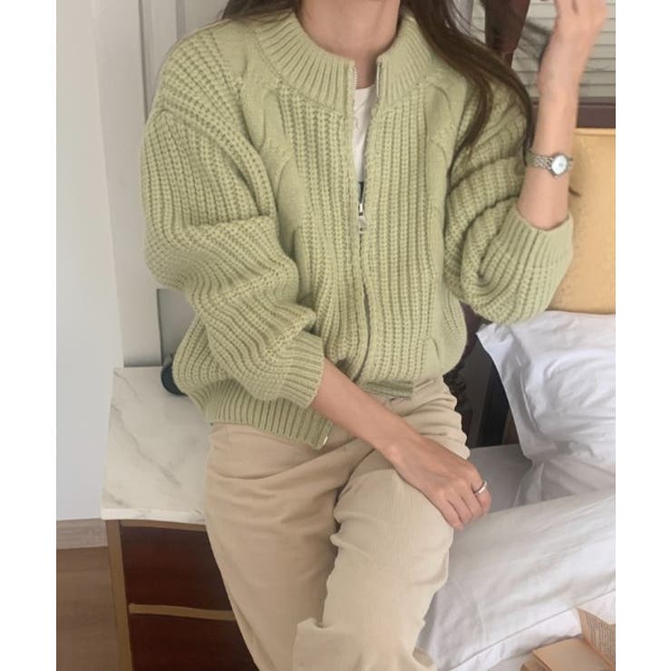 グリーン | ダブルジップスタンドカラーニットトップス | Ulysses