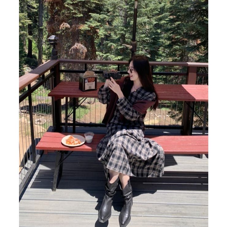 ベルト付きVネックチェック柄ワンピース | Ulysses | 詳細画像3 