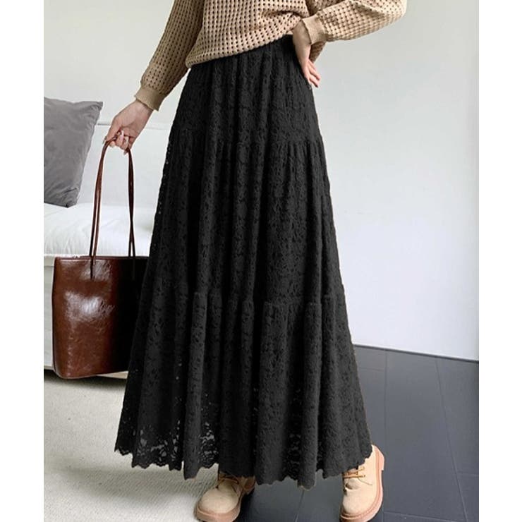 ブラック | ゴム締めウエストレーススカート | Ulysses