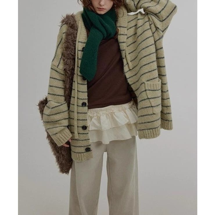 グリーン | フード付きボーダー柄ニットジャケット | Ulysses