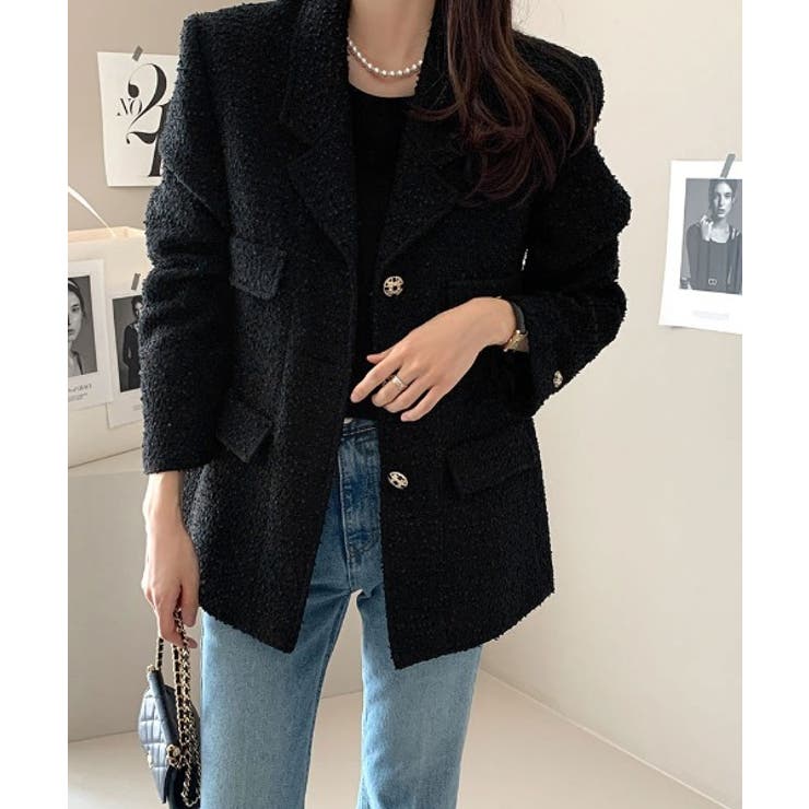 ブラック | レギュラーカラーシングルブレストツイードスーツジャケット | Ulysses