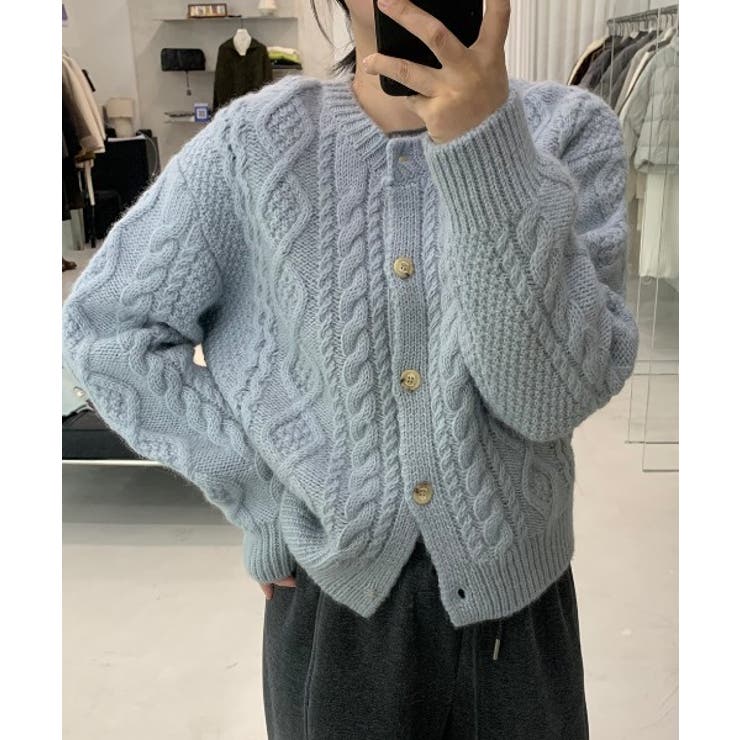 ブルー | クルーネックボタンでニットジャケット | Ulysses